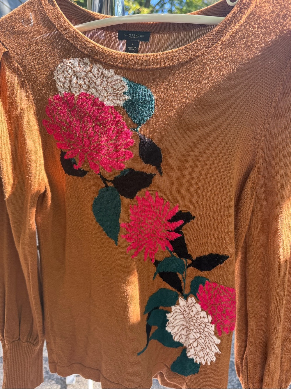 Ann Taylor Factory Rust Crewneck Sweater with Pink & Cream Floral Motif